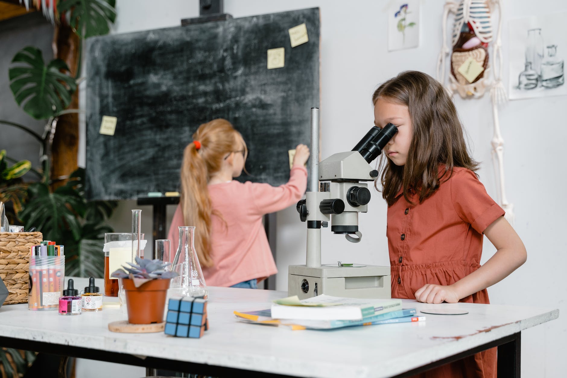 a smart girl using a microscope