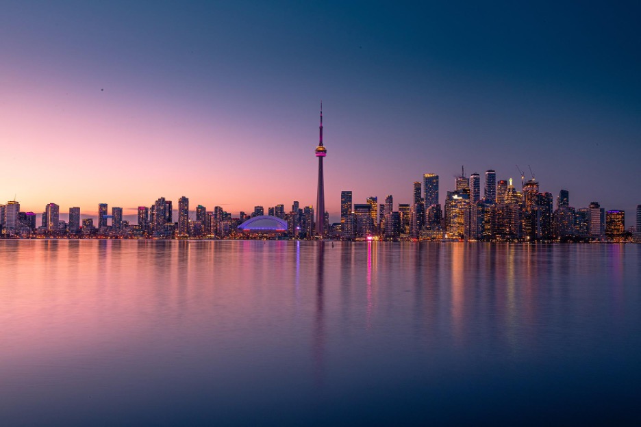 View of the Toronto skyline at sunset