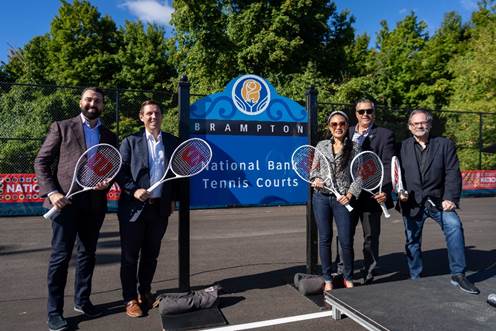 From left to right: Peter Amaral, Branch Manager, National Bank, Mayor Patrick Brown, City of Brampton, Councillor Rowena Santos, City of Brampton, Michael Palleschi, Regional Councillor of Brampton, Michael Downey, president and CEO of Tennis Canada