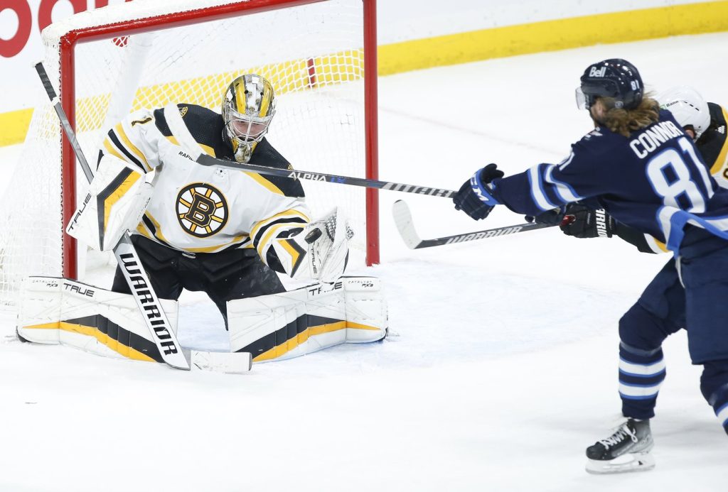 Swayman stops 35 shots for third shutout of season as Bruins defeat Jets 3-0