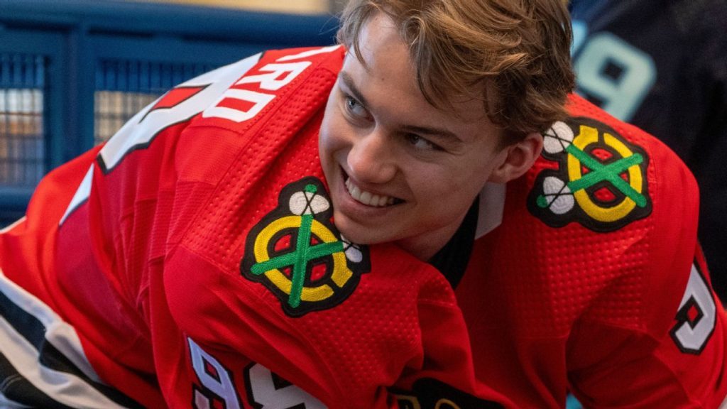 Blackhawks’ Bedard skates in uniform at rookie showcase