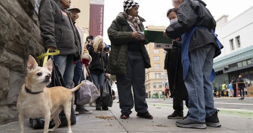 Dogs sit and stay to get vaccinated against parvovirus at San Francisco free clinic