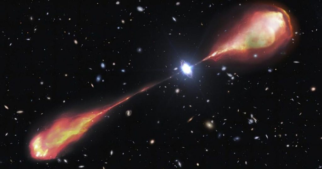 Telescopes spy a monster radio jet streaming from a bright and early object in the universe
