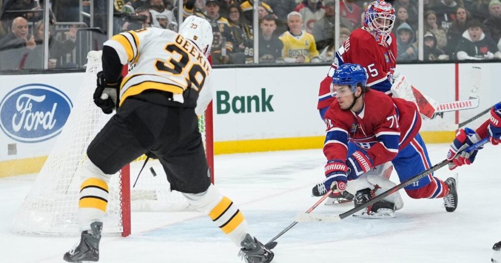 Geekie scores 100th career goal, Bruins beat Canadiens 4-3 to spoil Caufield’s hat trick