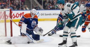 Oilers thrilled with total team effort that helped sink Sharks 5-3 Oilers thrilled with total team effort that helped sink Sharks 5-3