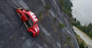Portion of park closed as Volkswagen shell hangs on rock face in Squamish, B.C.