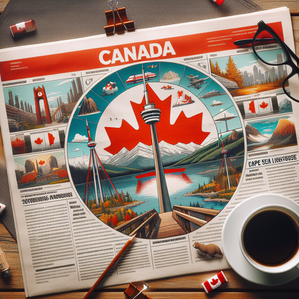 Illustrated Canadian travel guide with landmarks, coffee cup, and glasses