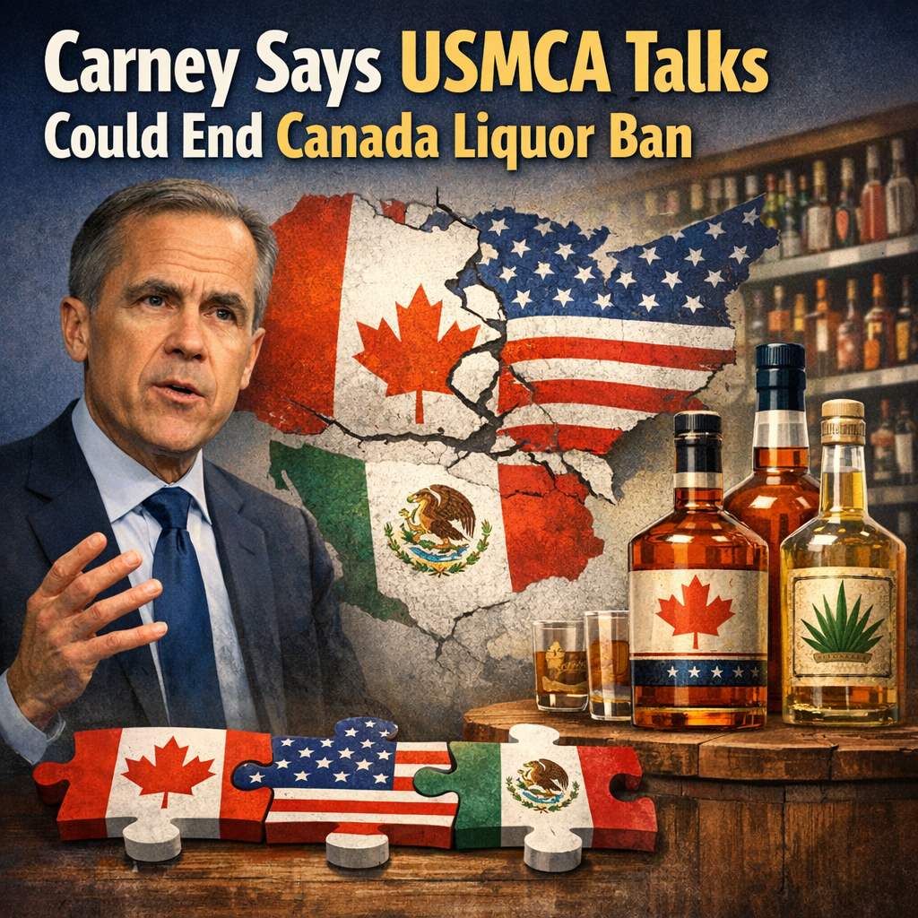 Illustration of Carney Says USMCA Talks Could End Canada Liquor Ban