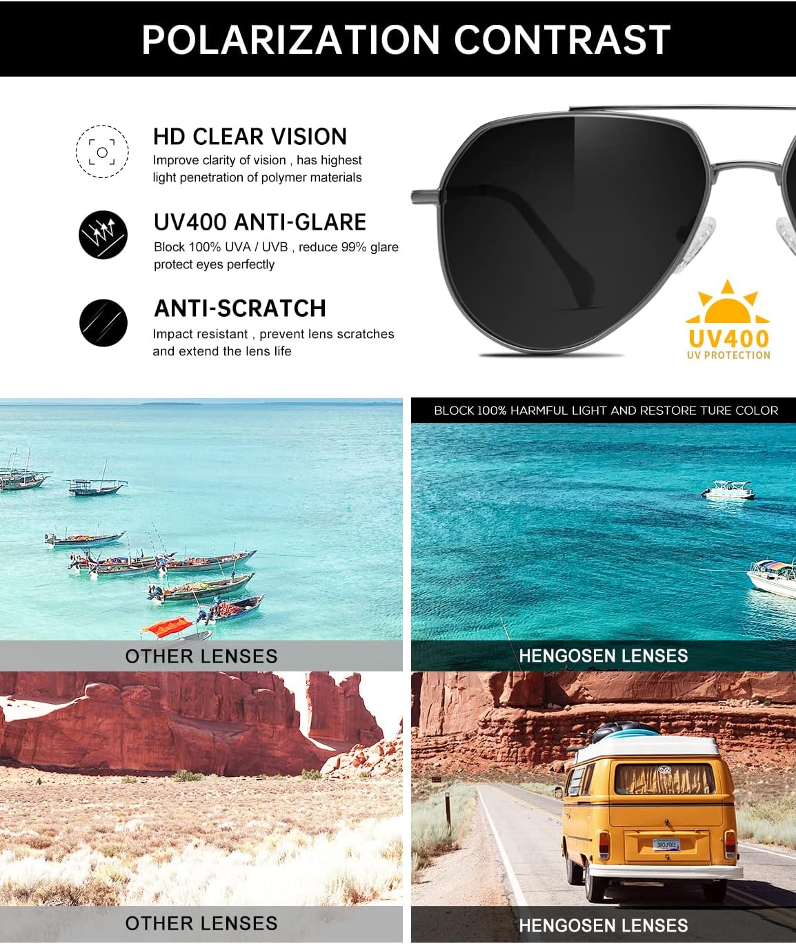 HENGOSEN Classic Aviator Sunglasses for Men Women,... - Image 7