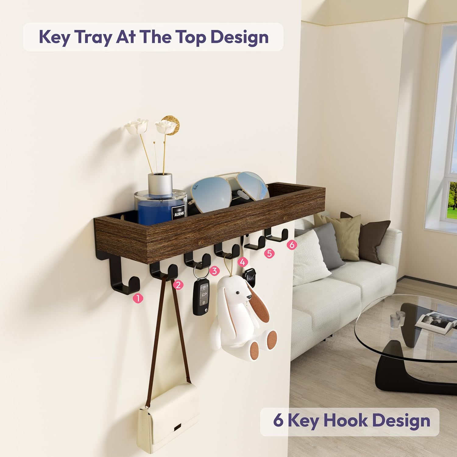 SWTYMIKI Key Holder for Wall - Key Rack Wood Tray ... - Image 3