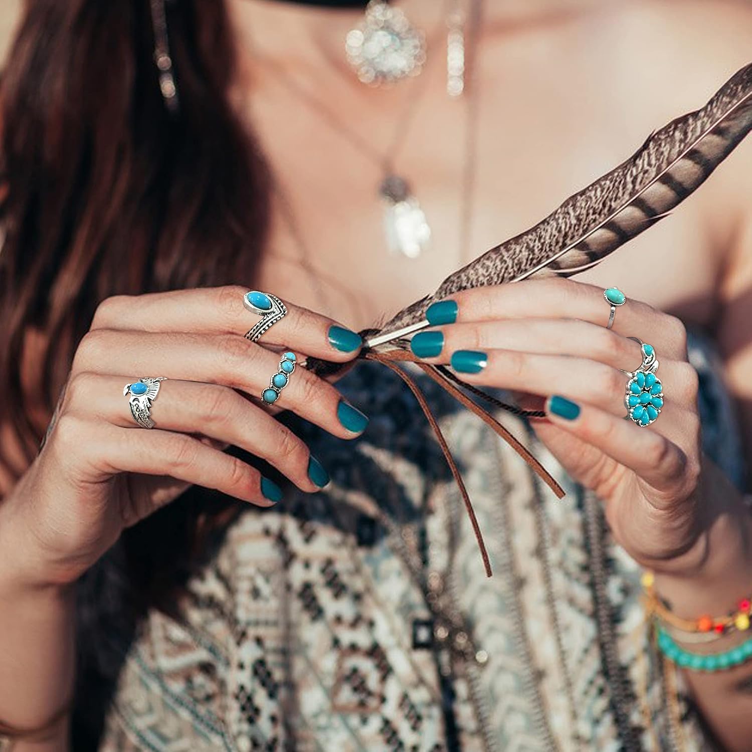 Finrezio Turquoise Jewelry Set for Women - Bohemia... - Image 4