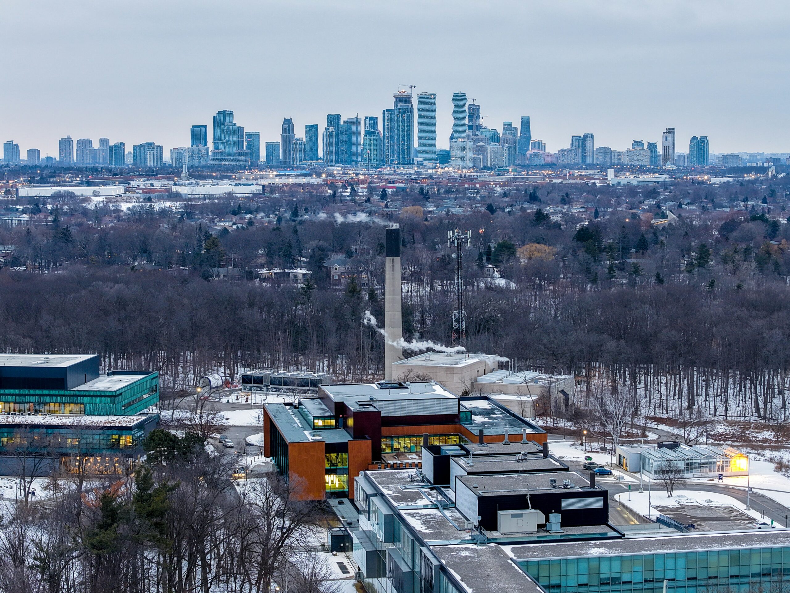 Aerial view of buildings and streets in Mississauga, Ont.