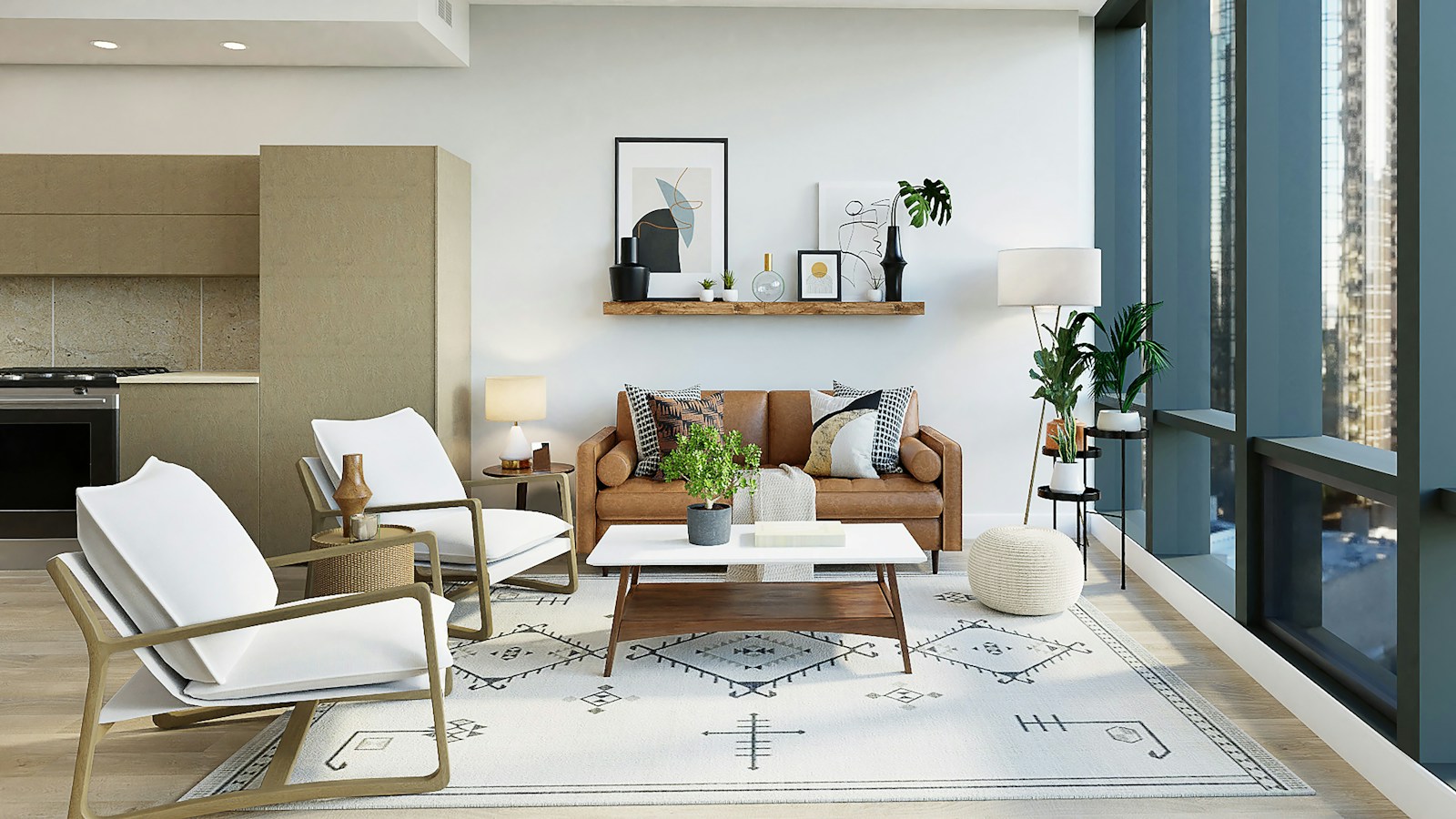 Kitchen and dining area of an apartment with a white table and chairs