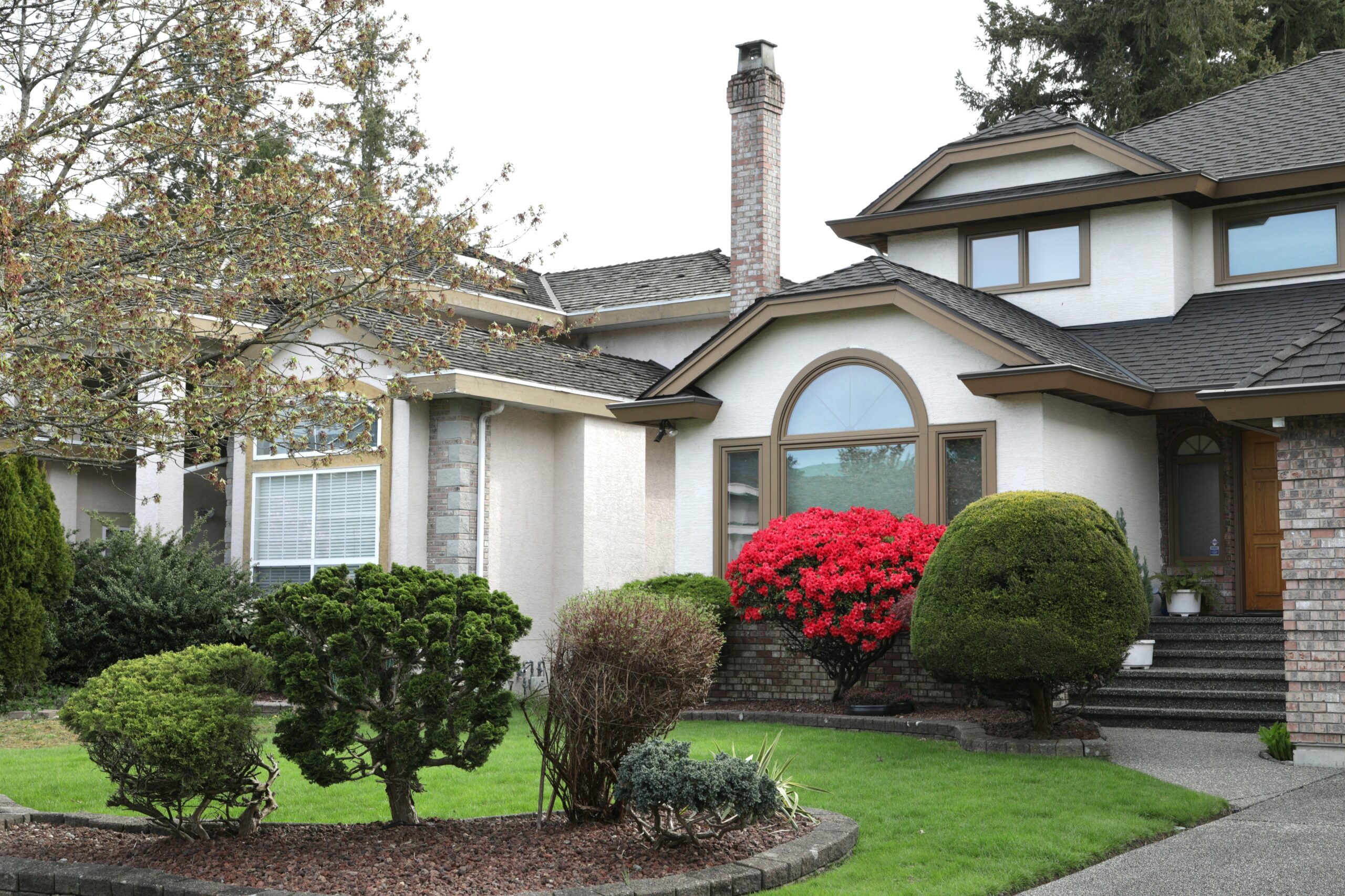 A large detached house with manicured bushes and red flowers out front