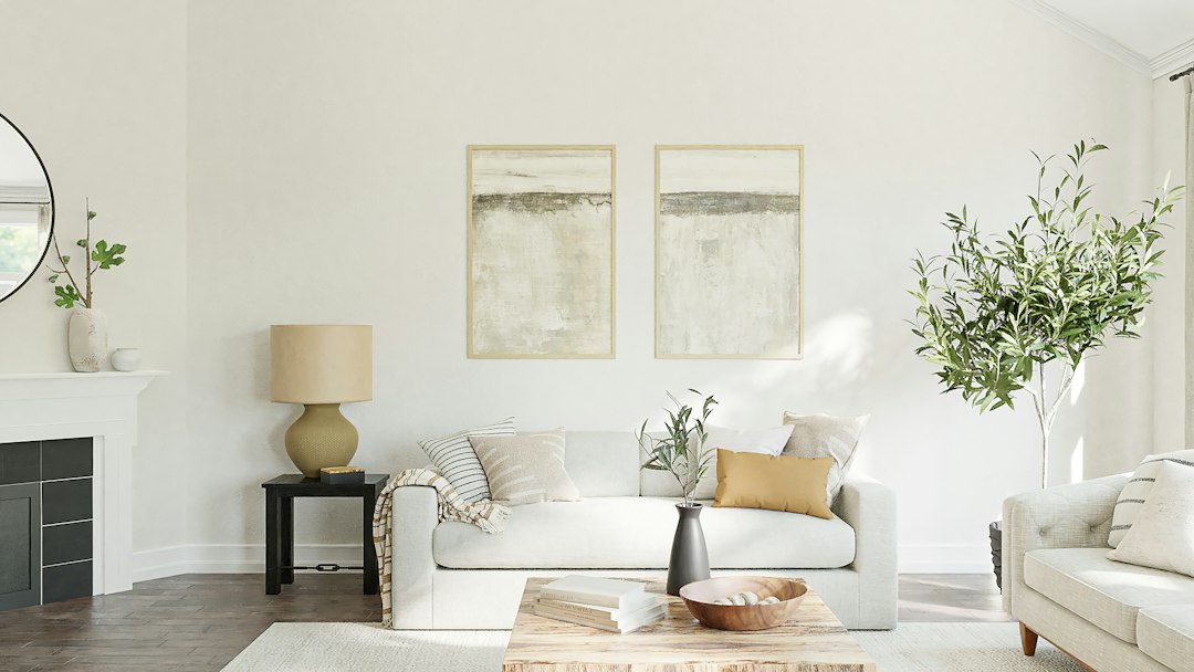 Living room interior with natural light, illustrative stock photo