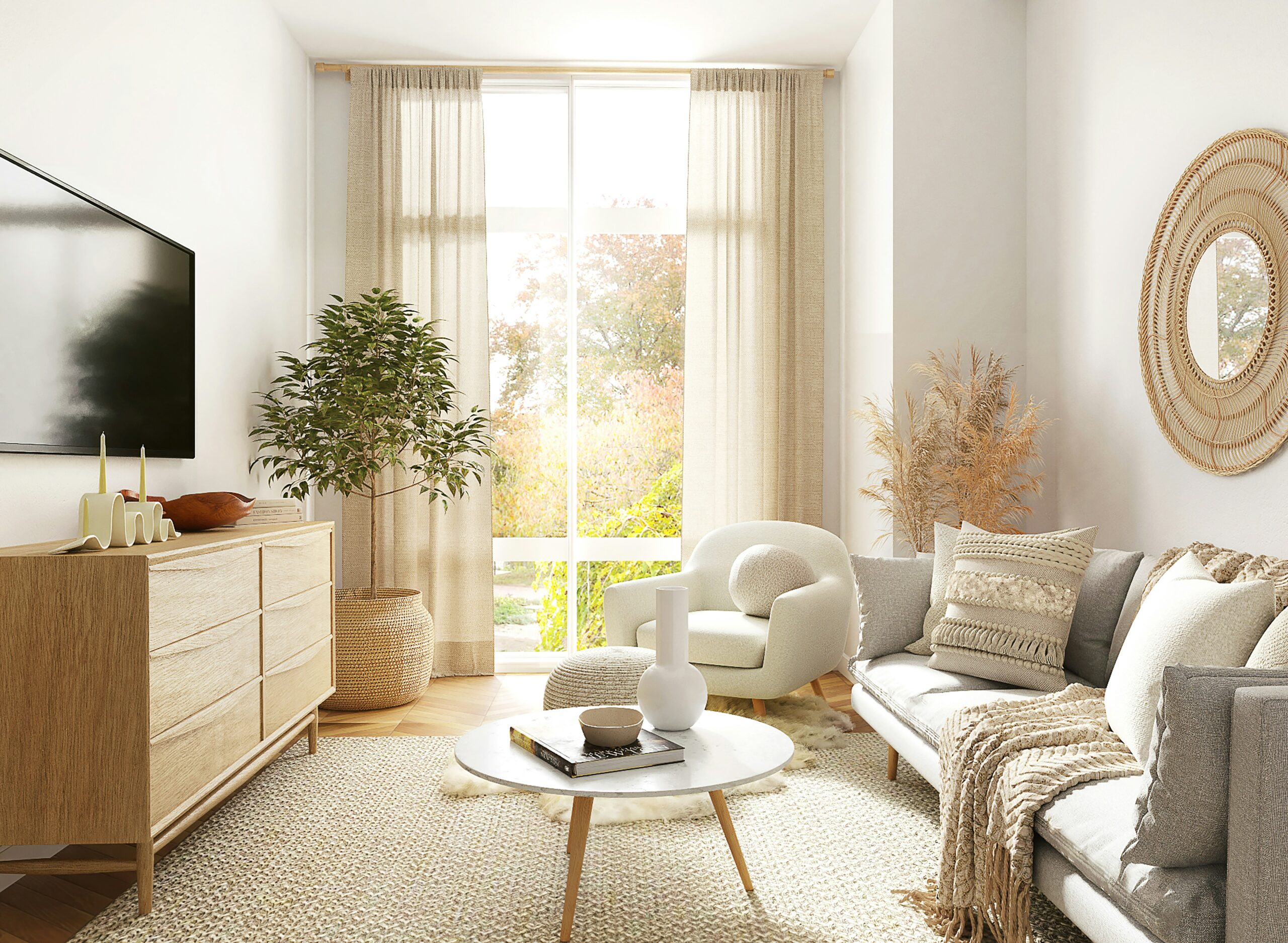 Bright living room interior with sofa near a window