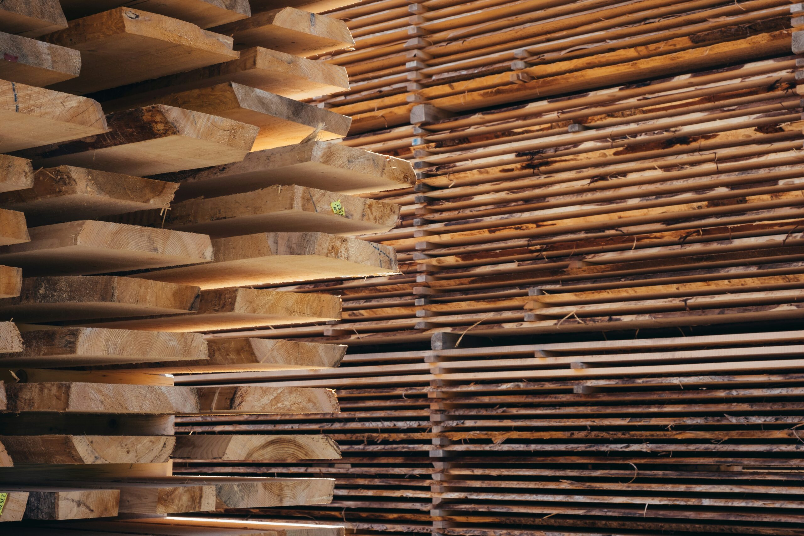 Stacked lumber at a building-supply yard