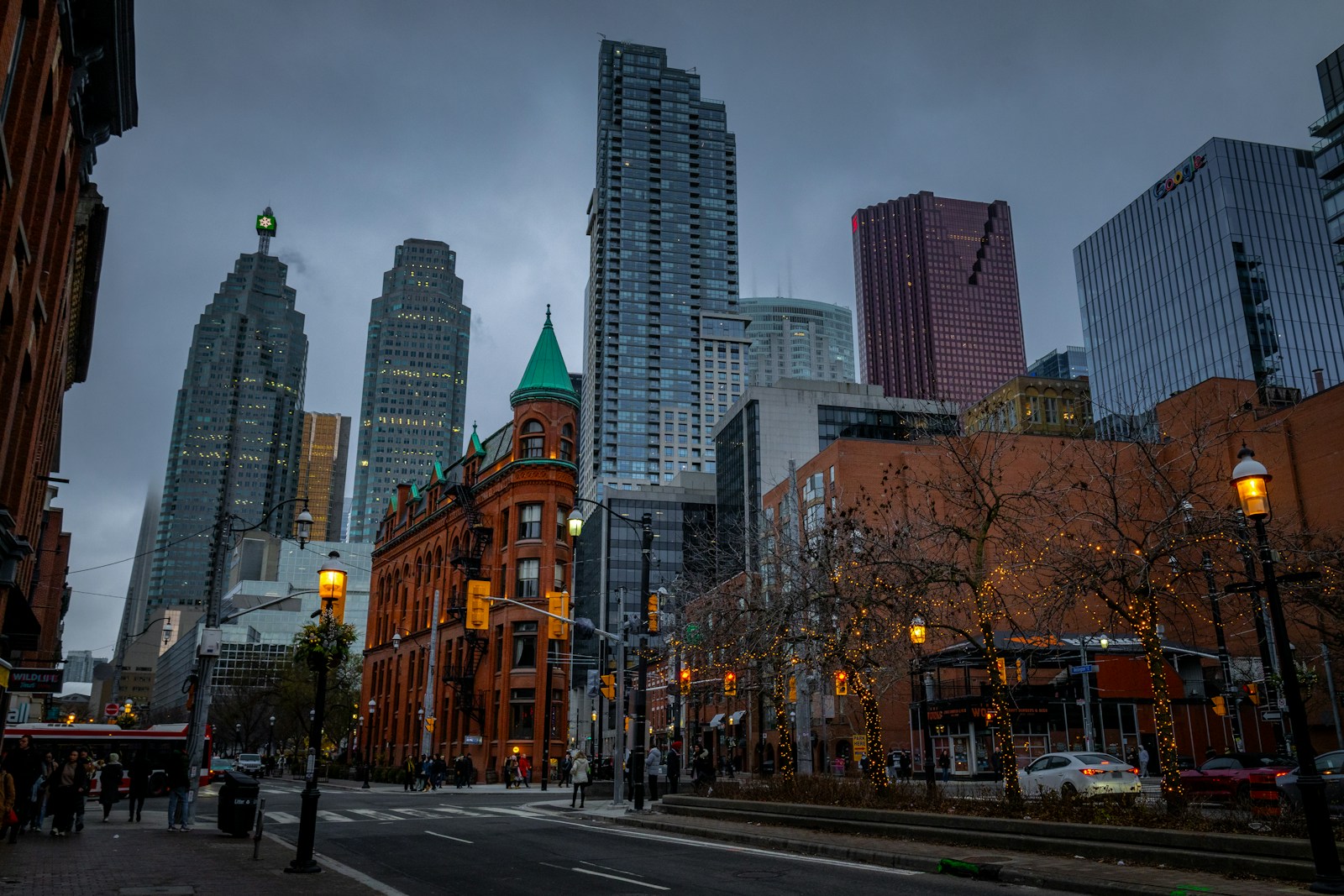 Stock photograph of downtown Toronto towers behind the Gooderham Building