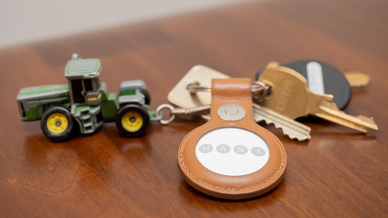 An Apple AirTag item tracker, first-generation model