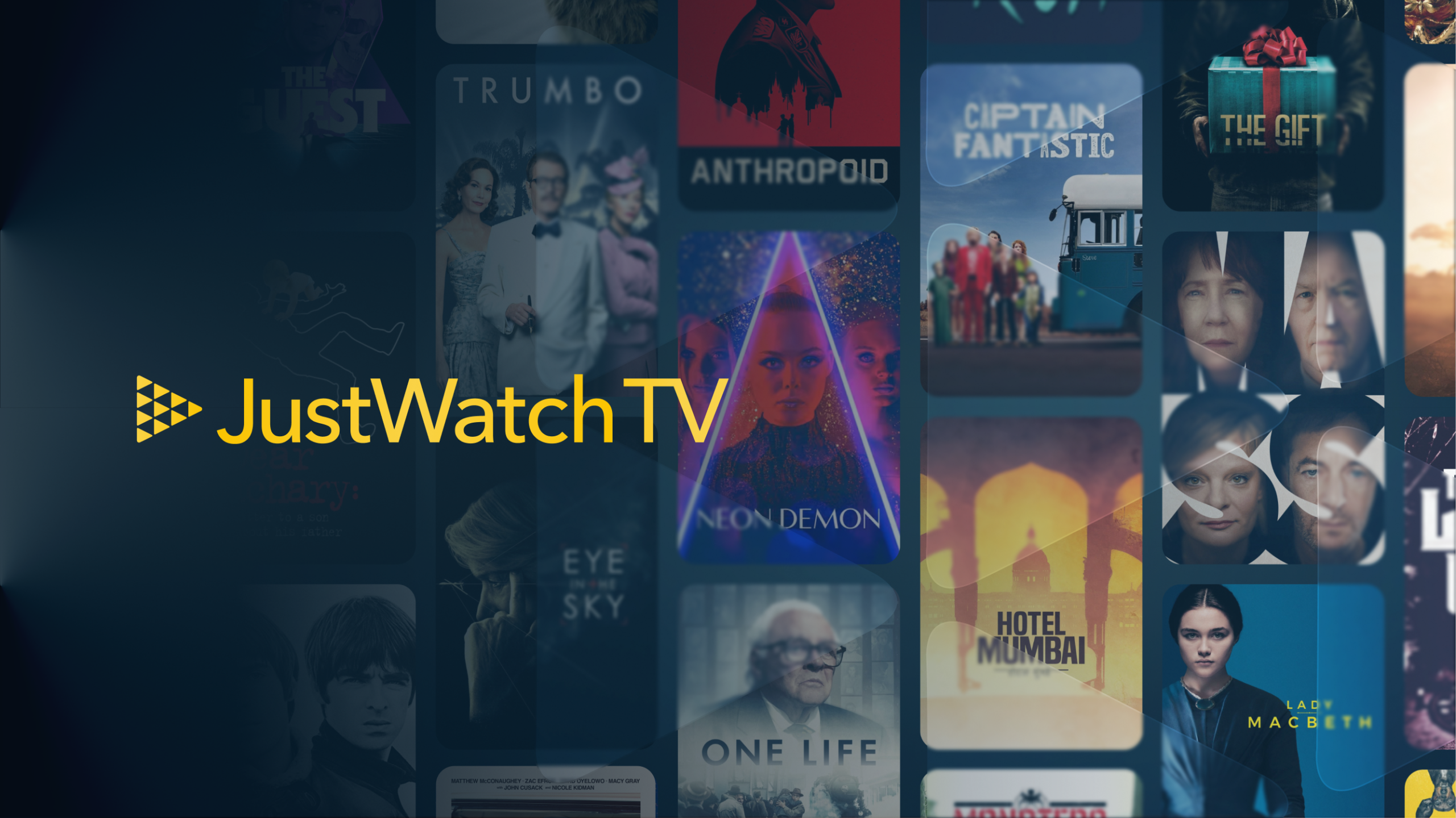 JustWatch TV logo beside film posters including Trumbo, Captain Fantastic, The Neon Demon, Hotel Mumbai and One Life