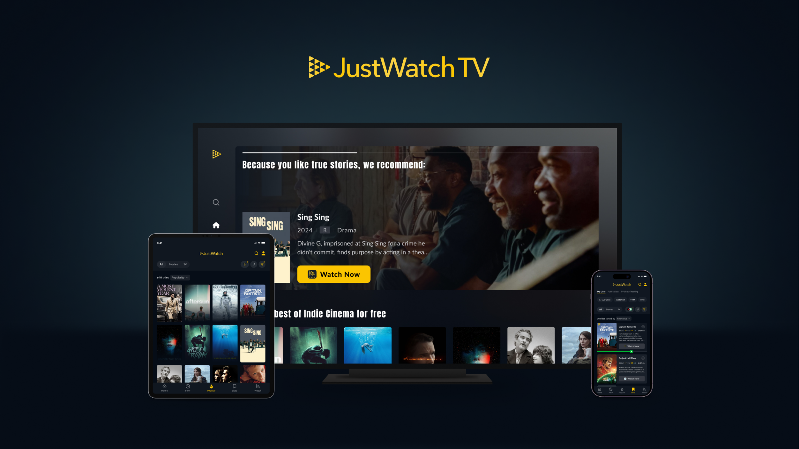 JustWatch TV shown on a television, a tablet and a smartphone, recommending the film Sing Sing