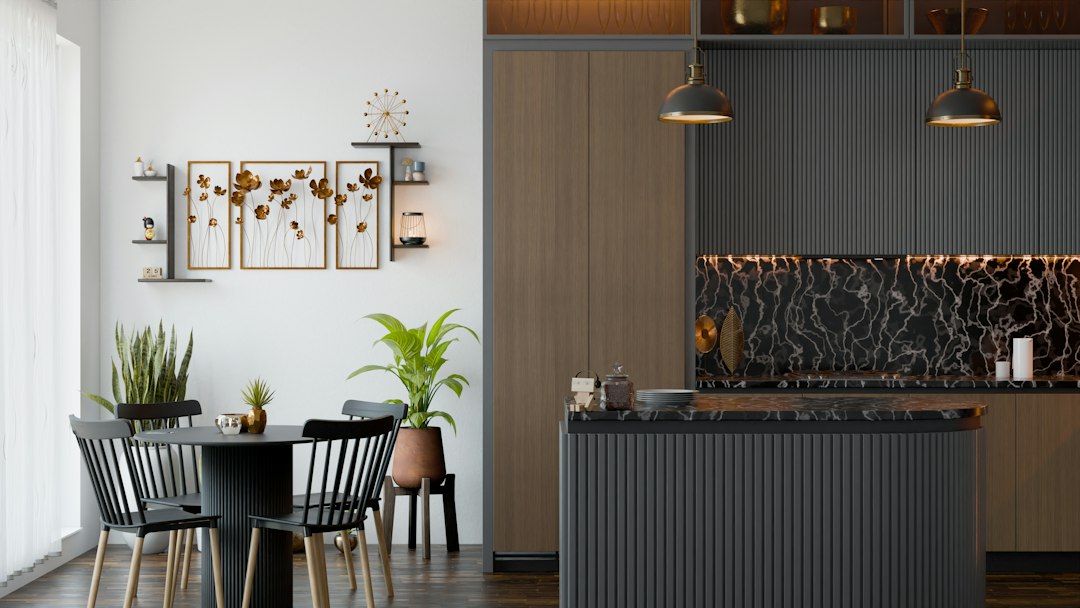 Modern kitchen with dark cabinetry, illustrative stock photo