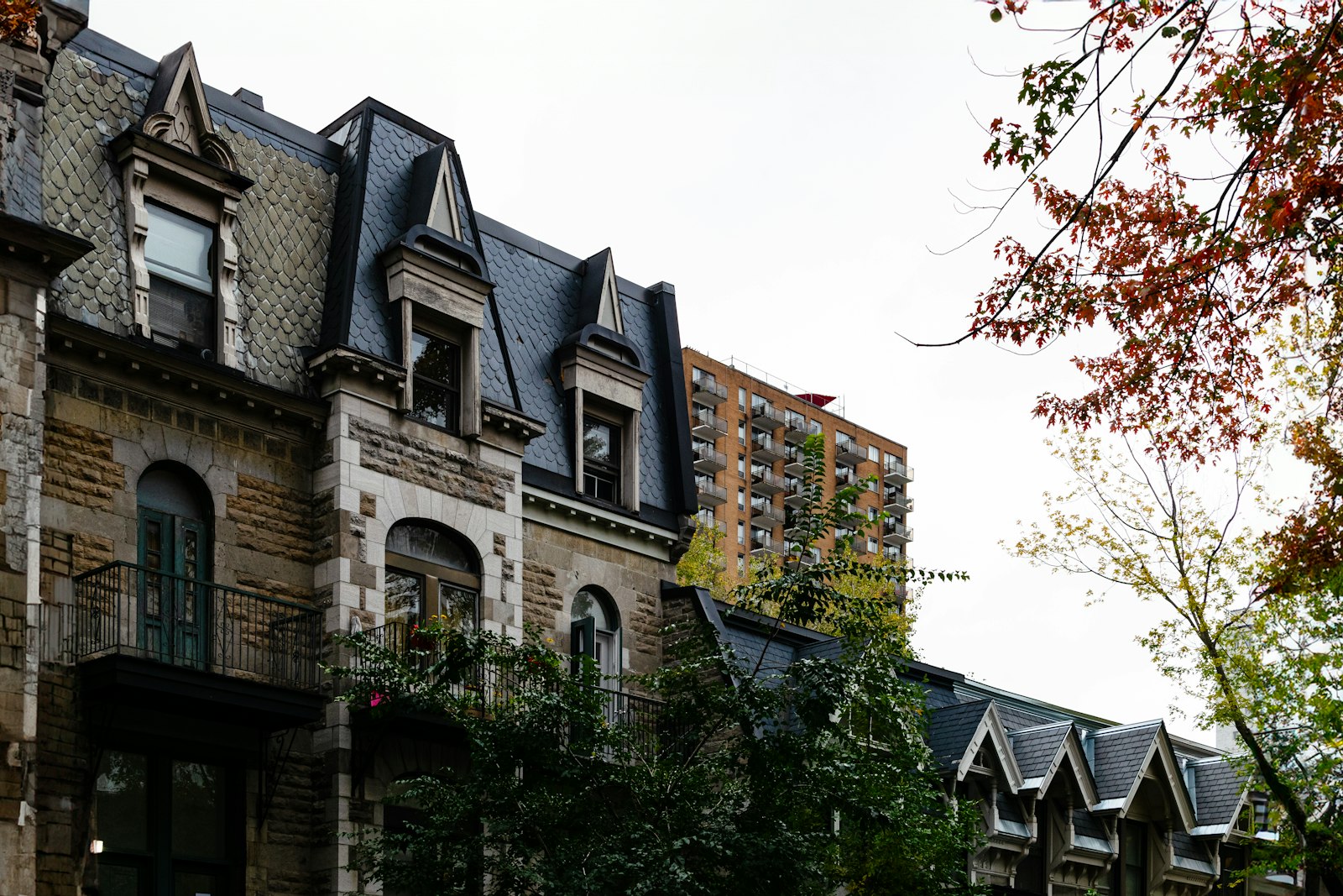 A row of brick buildings with windows and balconies in Montreal