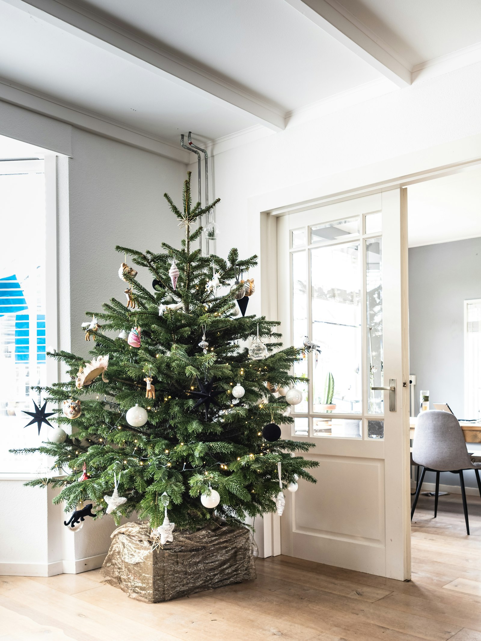 Slim decorated Christmas tree beside a doorway in a bright room