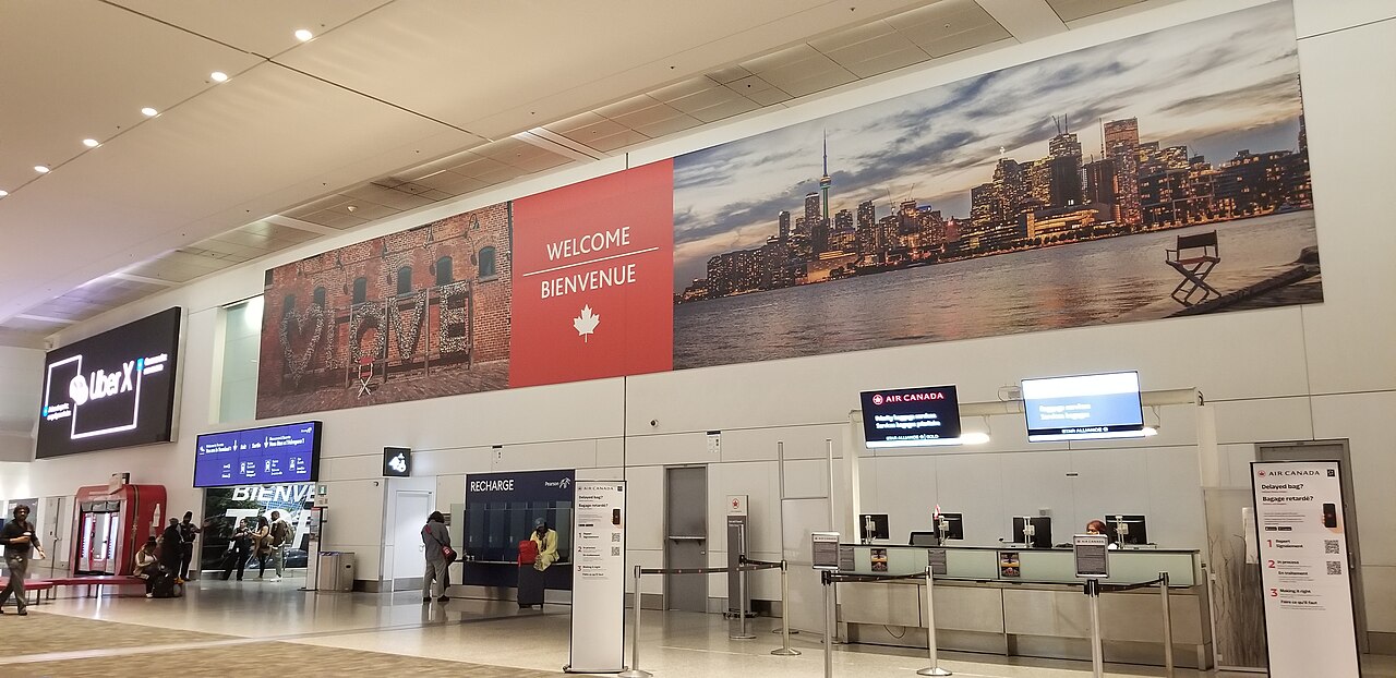 The Air Canada baggage service counter in the arrivals area of Toronto Pearson Terminal 1