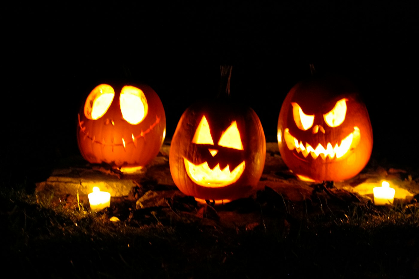 Carved jack-o-lantern sitting on dried autumn leaves