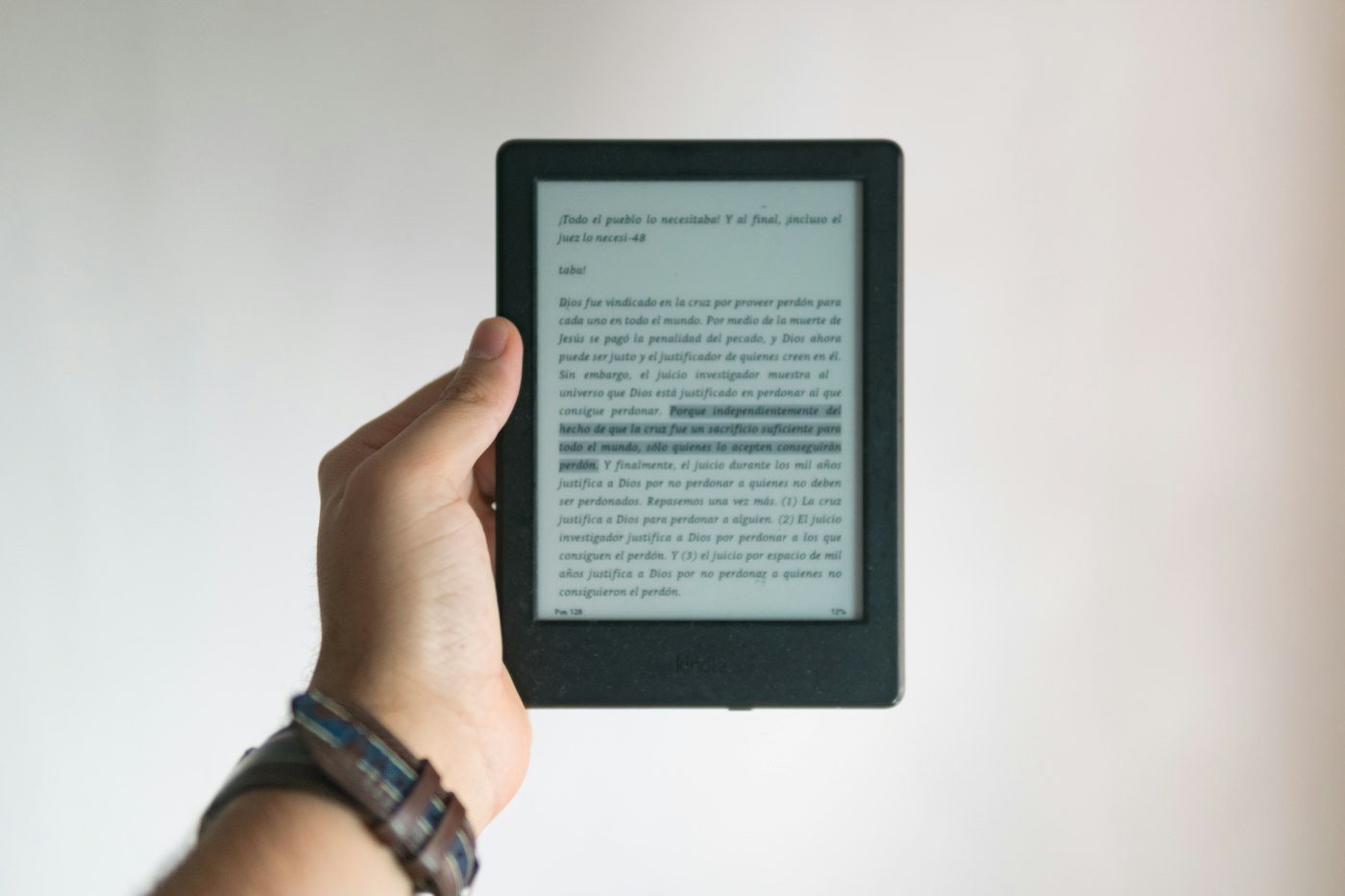 Hand holding an e-ink e-reader showing a page of highlighted text