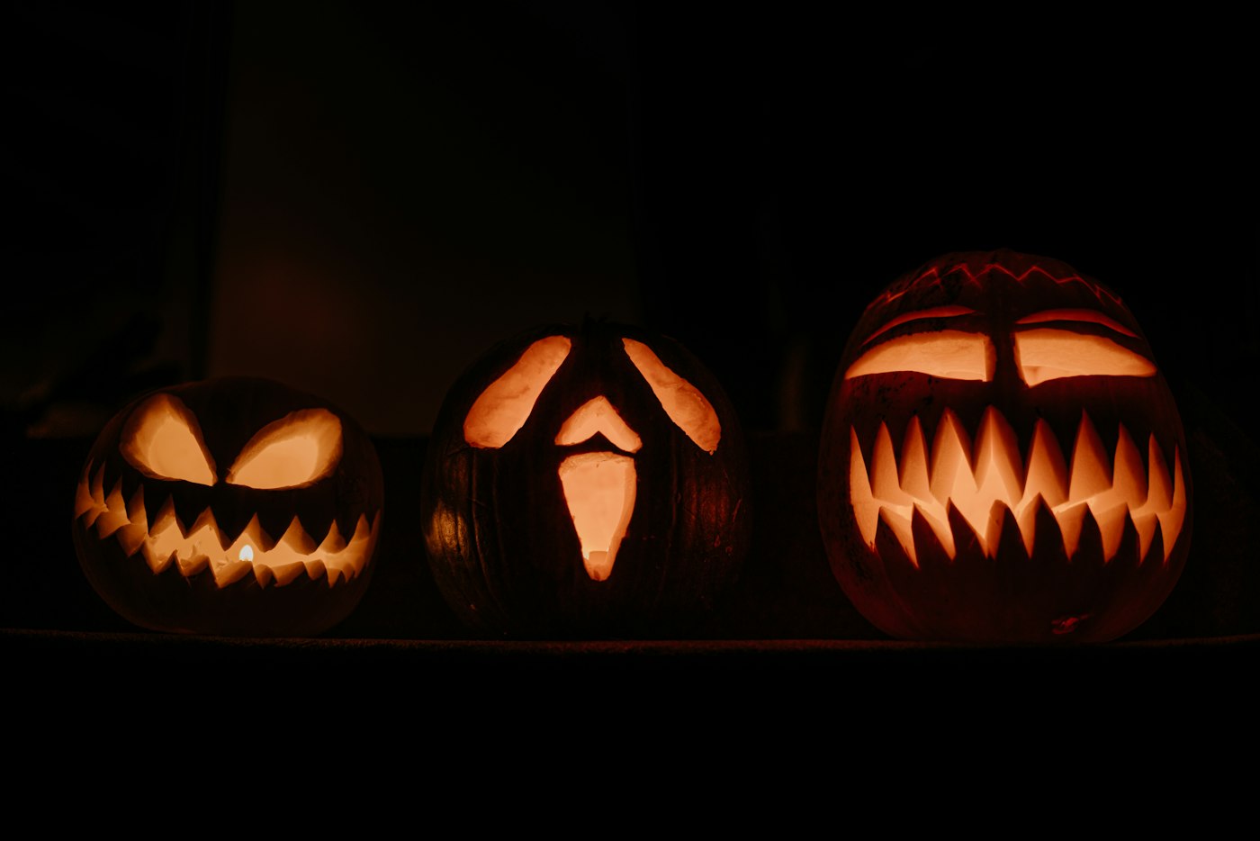 A group of carved pumpkins lit up together