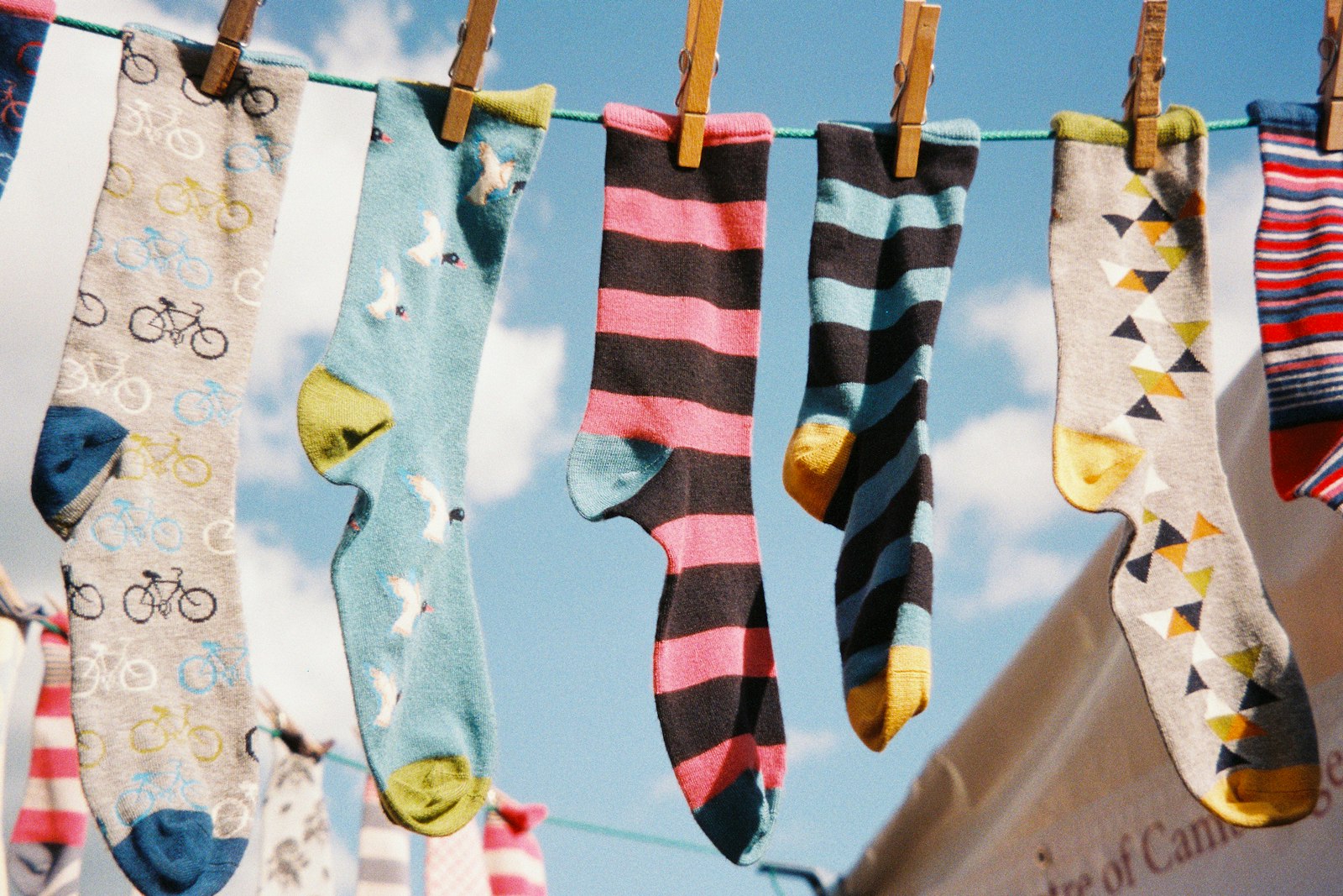 A row of different socks pegged on a clothesline