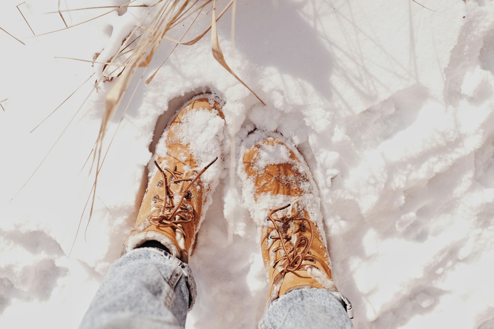 Tan lace-up boots standing in deep snow