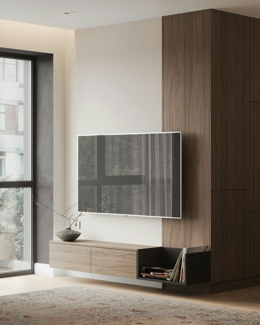 Large flat-screen television mounted on a living room wall